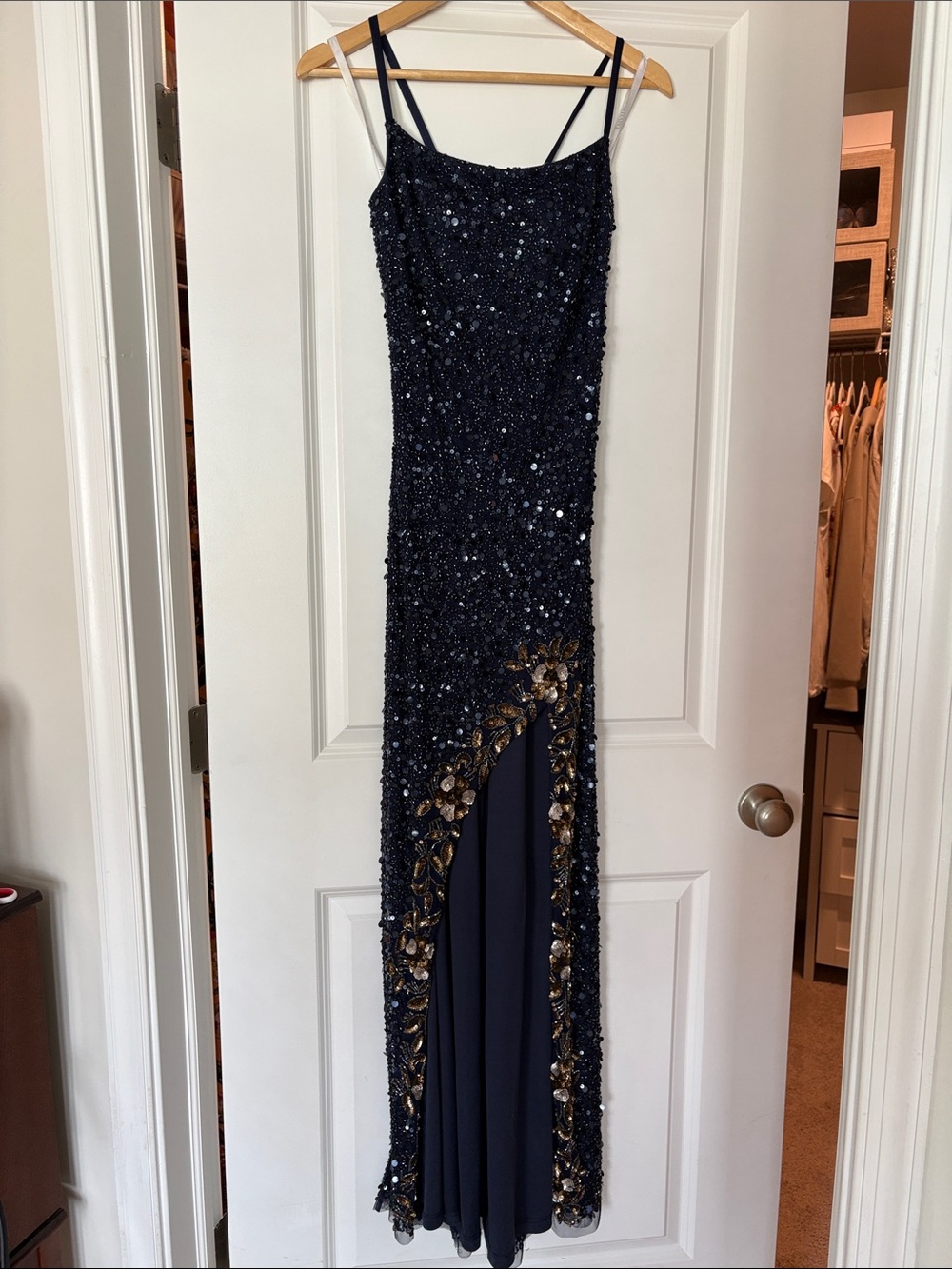 David’s Bridal Elegant Navy Beaded Evening Gown